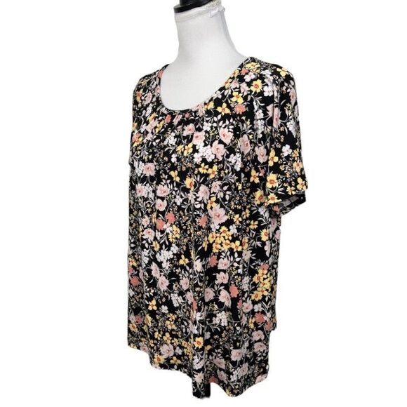 Liz Claiborne Blouse Size OX Black Floral Slinky Keyhole Pleated Front Work Top - Picture 3 of 11